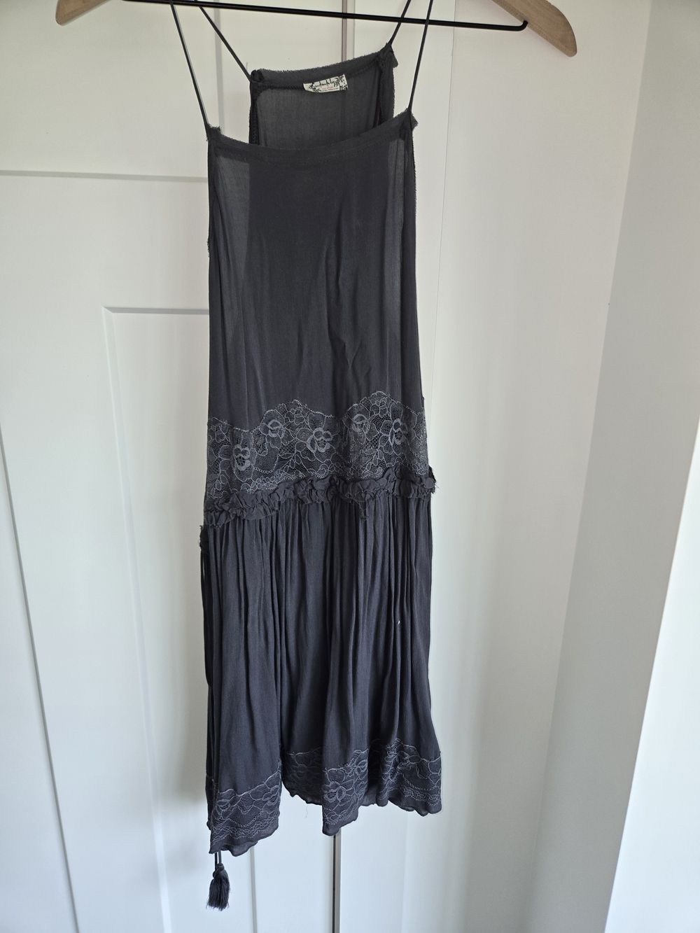 Free People Charcoal Spaghetti-Strap Lace-Trim Tunic Dress